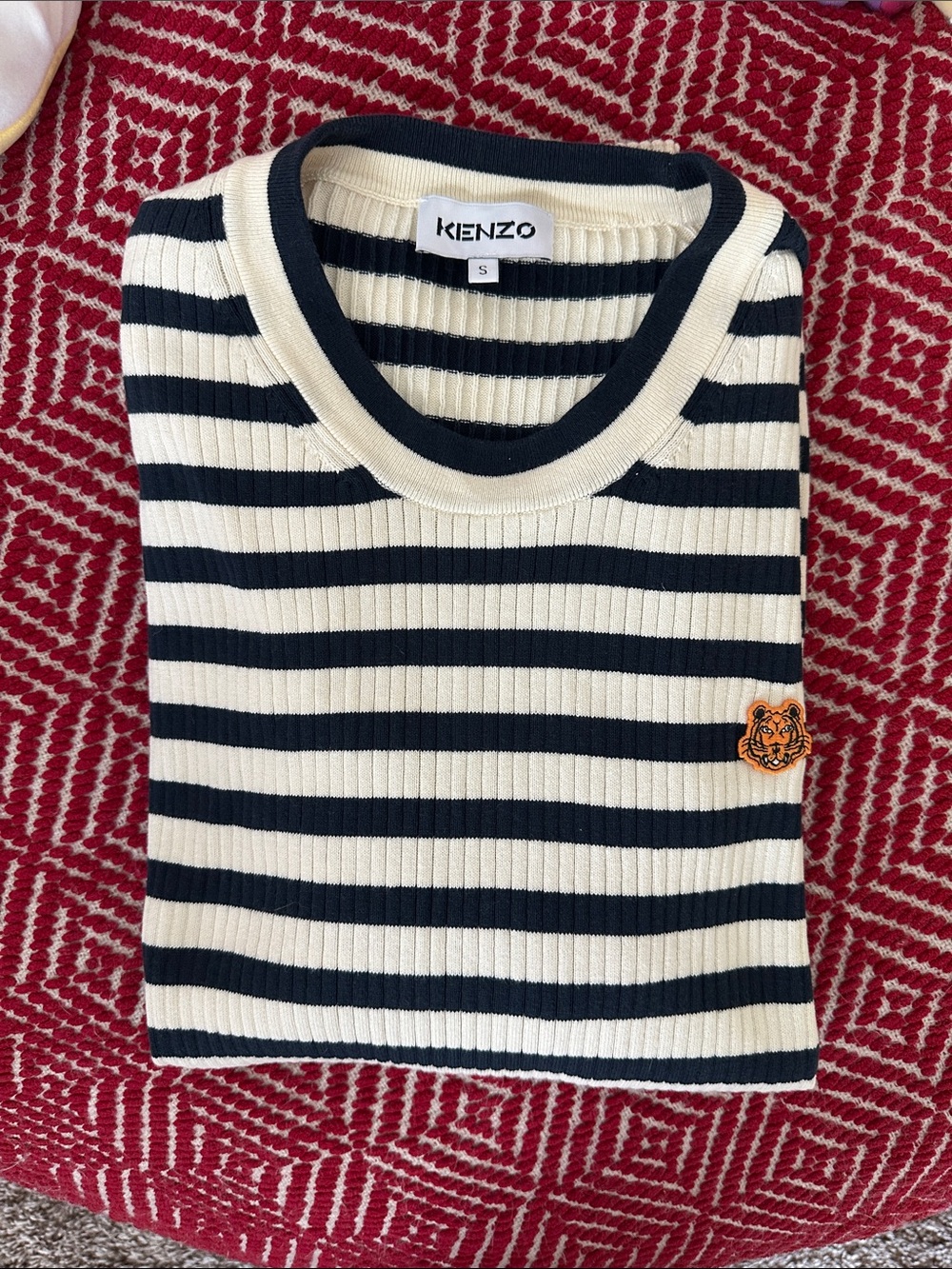 🐯 KENZO Navy and Cream Striped Crewneck Sweater with Tiger Patch size Small
